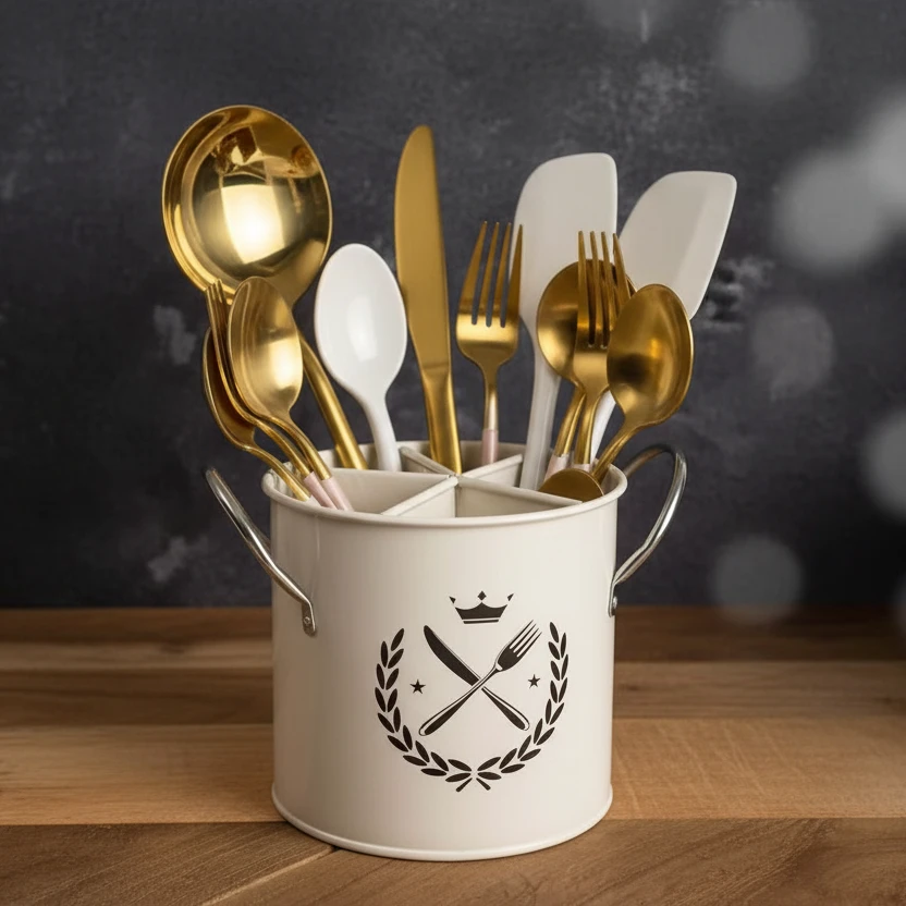 4-Compartment Metal Cutlery Holder Bucket Dual Handles White Red Pink 19x13.5cm Kitchen & Dining Kitchen Utensil Holders