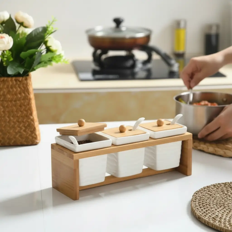 Canister Set - 3pcs Ceramic Spice Jars with Bamboo Lids and Stand Kitchen & Dining Food Storage Containers