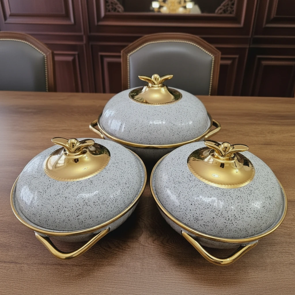 3 Piece Classy Ceramic Serving Bowls with Gold Handles Kitchen & Dining Serving Platters