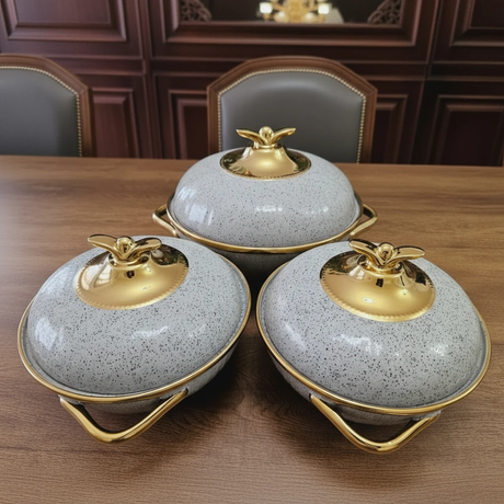 3 Piece Classy Ceramic Serving Bowls with Gold Handles Kitchen & Dining Serving Platters