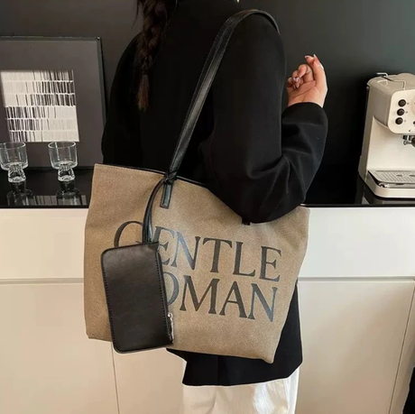 Gentlewoman 2-in-1 Canvas Tote Bag with Matching Mini Zip Pouch Bold Serif Print Black Khaki Bags & Accessories Tote Bags