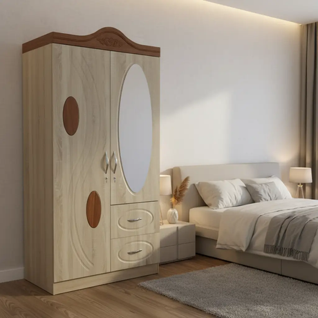 2-Door Beech Wardrobe with Mirror & Drawers Mirrored Wardrobes