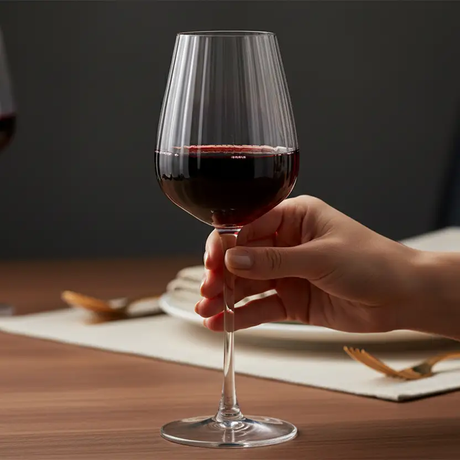 Wine Glass Set - 320ml Vertical Ribbed Crystal Clear Long Stem 2pc or 6pc Kitchen & Dining Wine Glasses