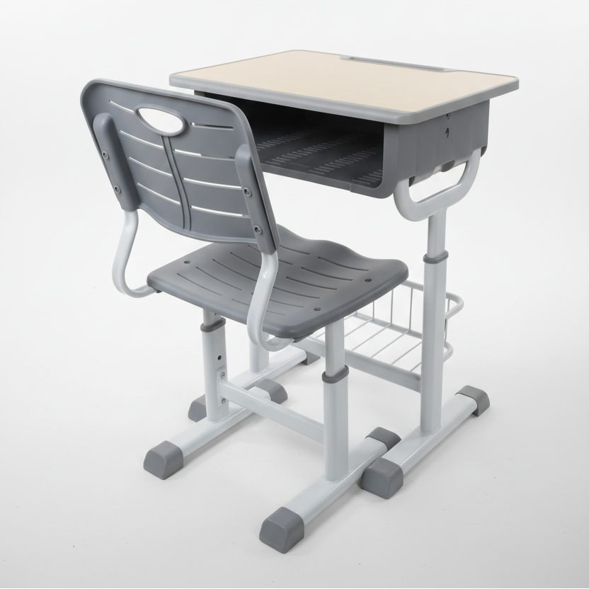Student Desk and Chair Set - Height Adjustable with Under-Desk Shelf and Book Slot Grey Furniture Desks
