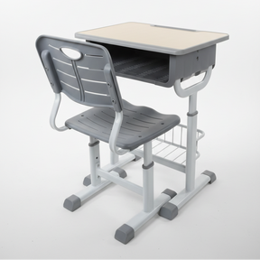 Student Desk and Chair Set - Height Adjustable with Under-Desk Shelf and Book Slot Grey Furniture Desks