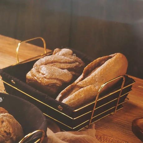 Bread Basket - Gold Wire Frame Black Linen Liner Rectangular Kitchen & Dining Serveware