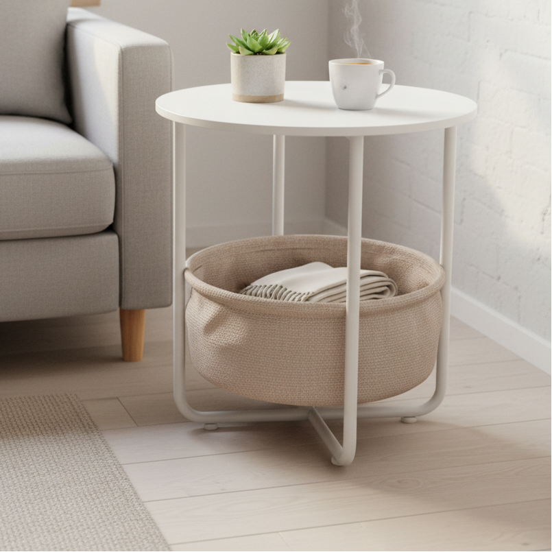 Round Side Table with Woven Basket Shelf Side Table End Tables