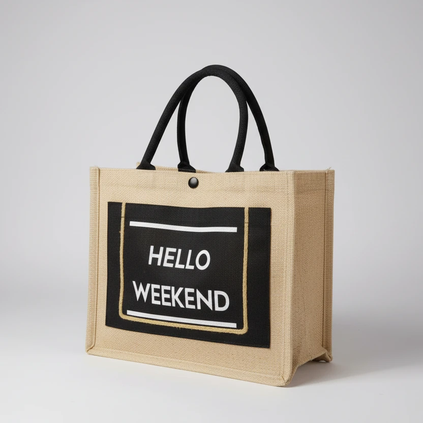 Hello Weekend Tote Bag Jute Canvas Smart Casual with Front Pocket 35x18x30cm Bags & Accessories Tote Bags