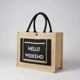 Hello Weekend Tote Bag Jute Canvas Smart Casual with Front Pocket 35x18x30cm Bags & Accessories Tote Bags