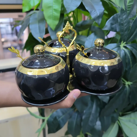 Seasoning Jar Set - Nordic Luxury Ceramic 3-Piece Black Gold Round with Tray Spoons Kitchen & Dining Food Storage Containers