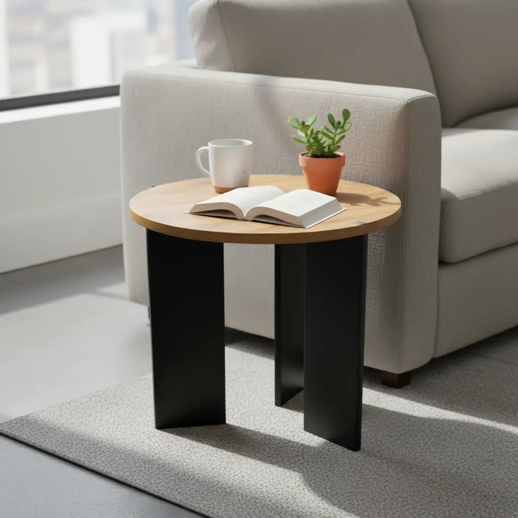 Side Table - Nordic Round Natural Oak Top with Black Panel Legs Furniture End Tables