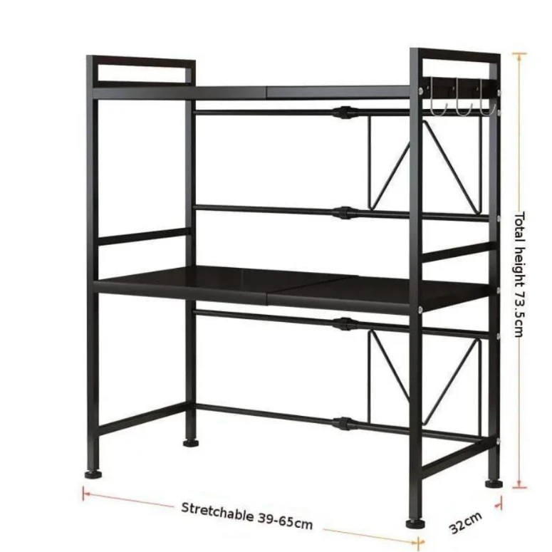 2-Tier Heavy Duty Telescopic Adjustable Microwave Stand Carbon Steel Black Kitchen & Dining Microwave Oven Accessories