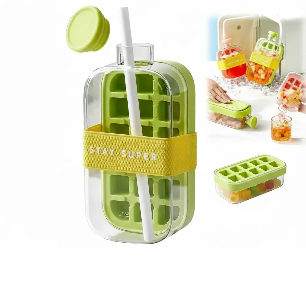 Ice Cube Bottle - Cool Shimmer 800ml 2-in-1 Freeze and Drink with Straw Green Kitchen & Dining Ice Cube Trays