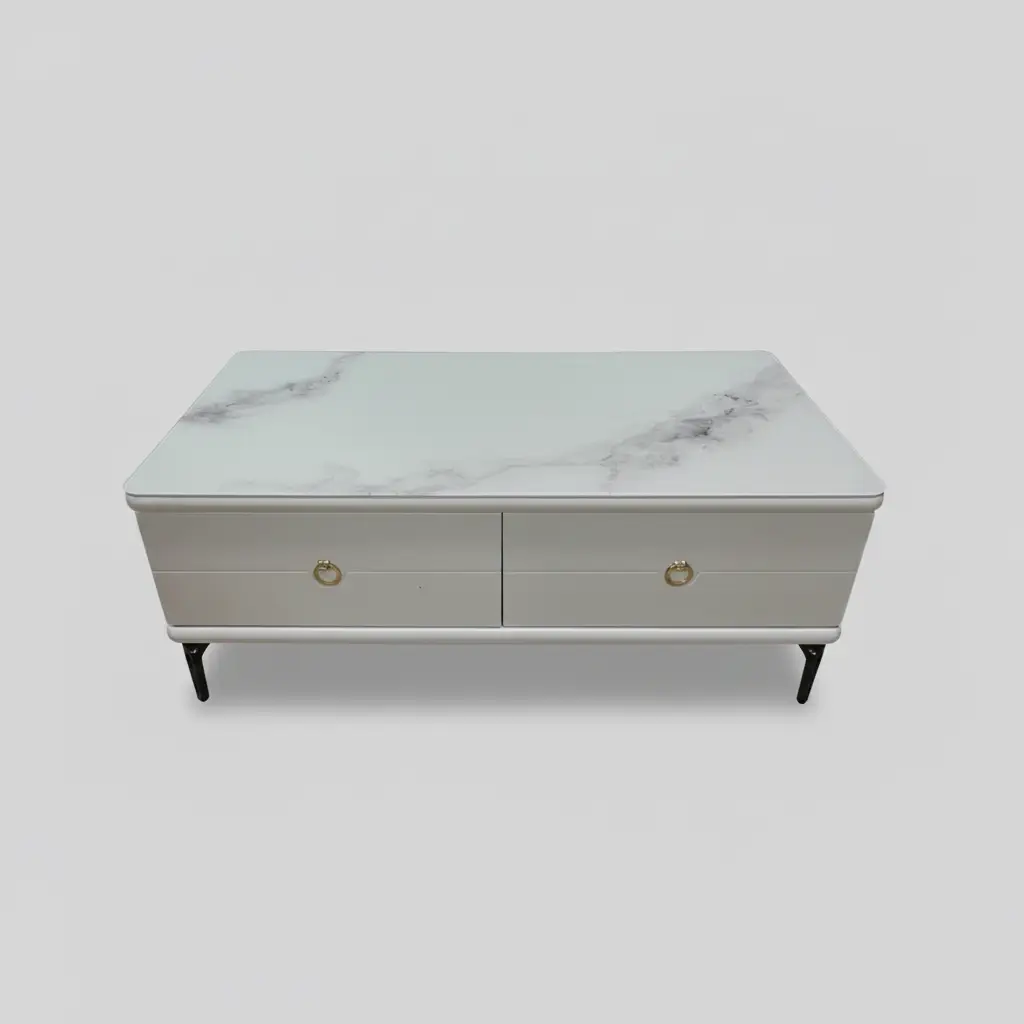 Marble-Effect Glass Top Coffee Table with 2 Drawers & Gold Handles Coffee Table Coffee Tables