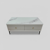 Marble-Effect Glass Top Coffee Table with 2 Drawers & Gold Handles Coffee Table Coffee Tables