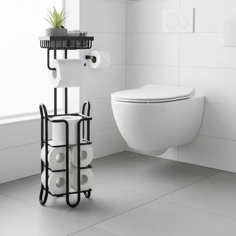 Toilet Roll Holder - 3-in-1 Freestanding with Storage Basket and Top Shelf Black Home & Garden Toilet Paper Holders