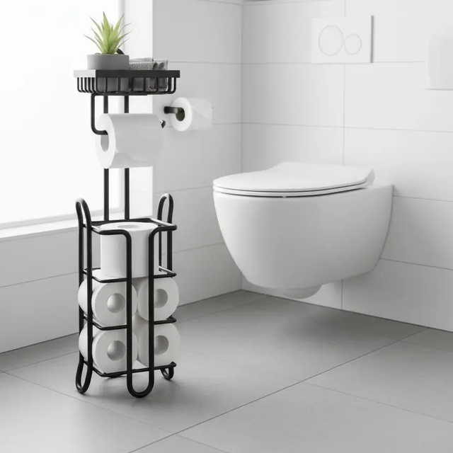 Toilet Roll Holder - 3-in-1 Freestanding with Storage Basket and Top Shelf Black Home & Garden Toilet Paper Holders