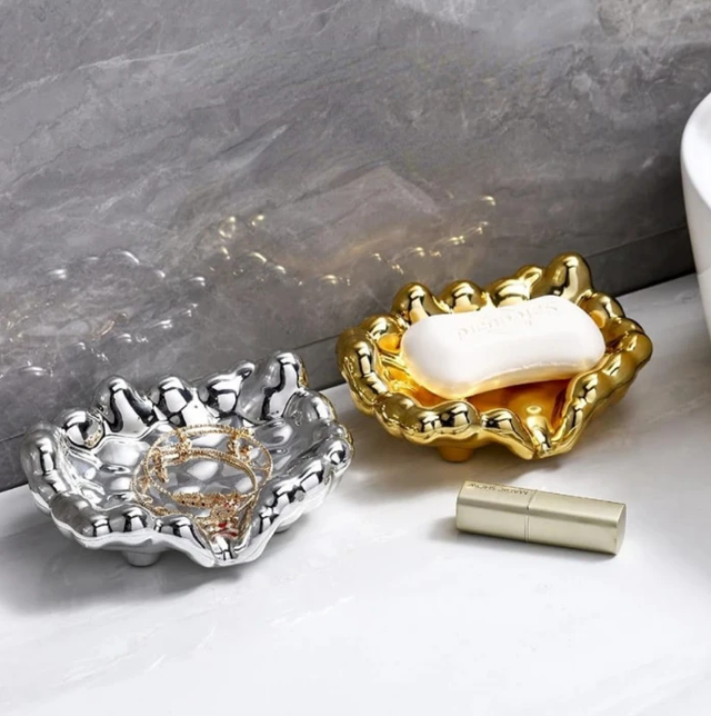 Luxury Ceramic Bubble Edge Soap Dish Drainage Tray 15x11x5cm Gold Silver Bathroom Countertop Jewellery Tray Home & Garden Soap Dishes & Holders