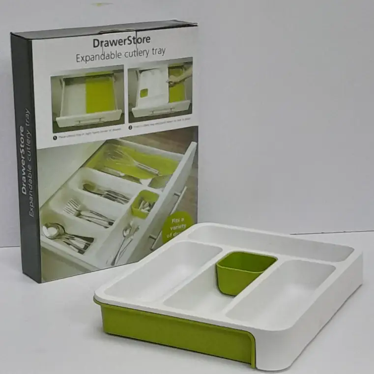 Cutlery Drawer Organizer - DrawerStore Expandable 5-Slot Tray with Removable Caddy White Green Kitchen & Dining Flatware Trays