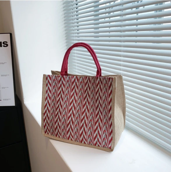 Geometric Print Pattern Tote Bag Jute Canvas Smart Casual 34x17x28cm Bags & Accessories Tote Bags