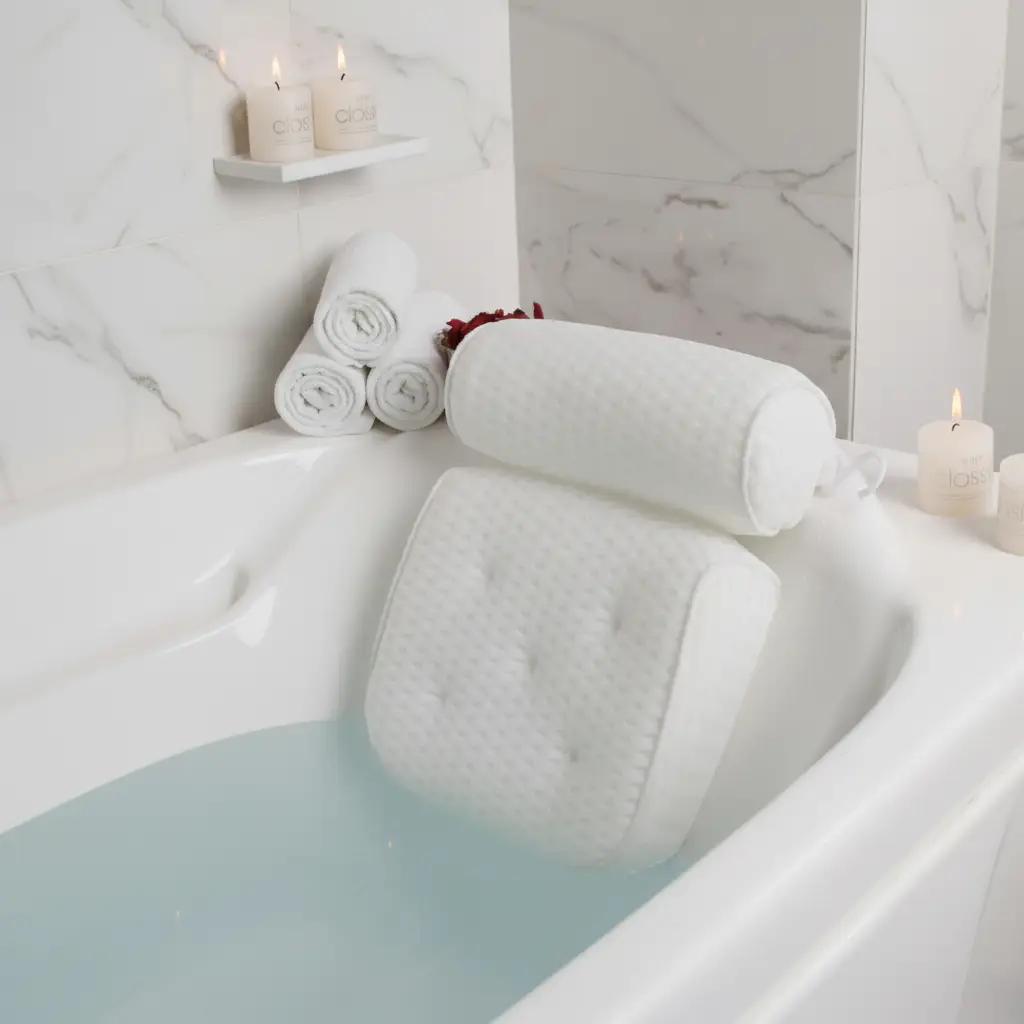 Bath Pillow - 2-Section 3D Mesh Neck and Back Support with 6 Anti-Slip Suction Cups White Personal Care Bath Pillows