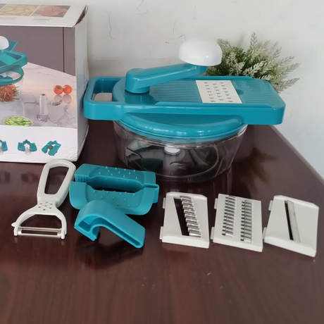 Food Processor - 2-in-1 Manual Chopper Grater with 4 Blades and Peeler Teal White Kitchen & Dining Food Processors