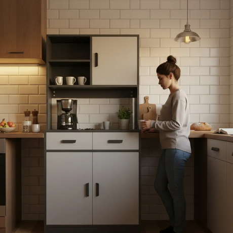 Tall Grey Storage Cabinet with Hutch, Drawers & Base Doors Storage Cabinet Hutch-Style Kitchen Cabinets