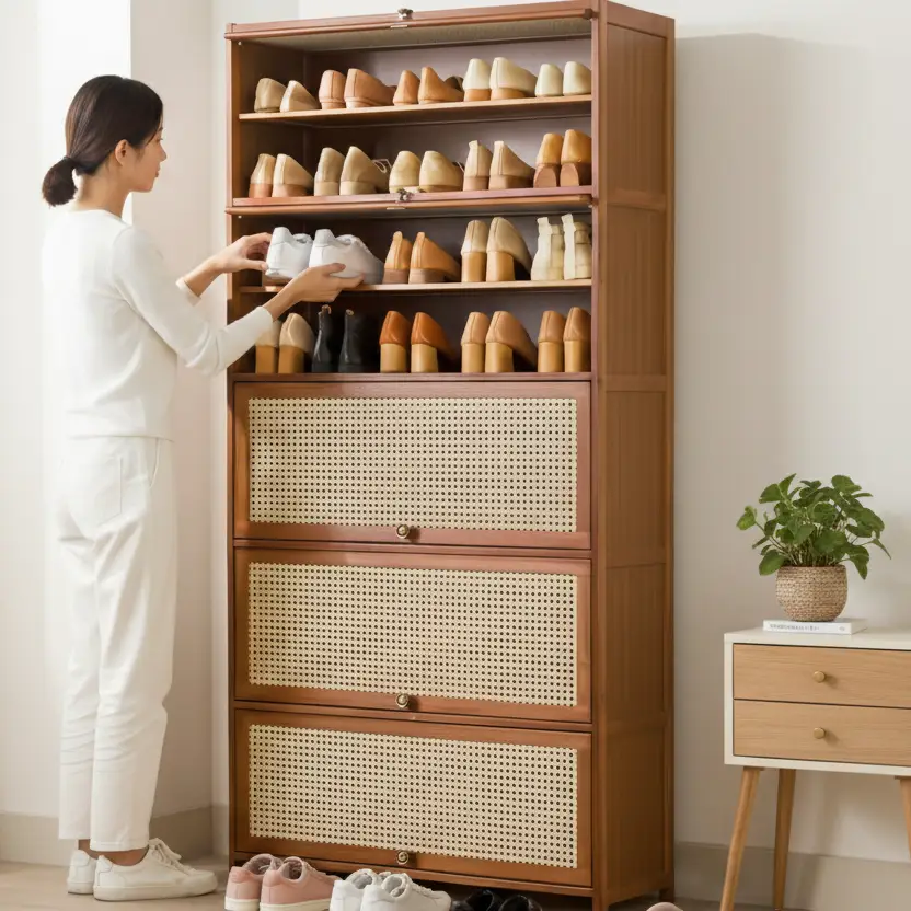 Shoe Cabinet - 11-Layer Breathable Bamboo Rattan Door Storage Rack 172x80x32cm Walnut Brown Furniture Shoe Cabinets