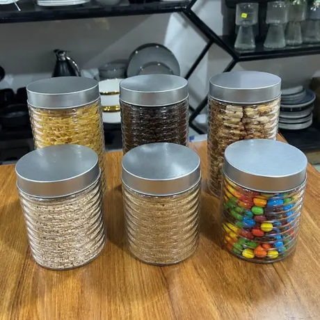 Storage Canister Set - 6-Piece Ribbed Glass with Silver Lids Kitchen & Dining Food Storage Containers