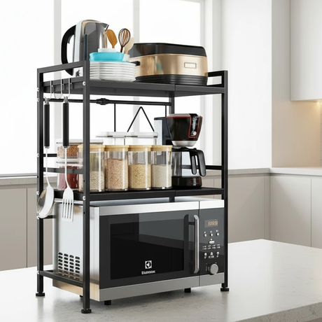2-Tier Heavy Duty Telescopic Adjustable Microwave Stand Carbon Steel Black Kitchen & Dining Microwave Oven Accessories