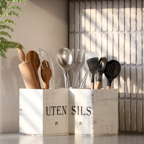 Utensil Holder - 4-Slot Rustic White Wooden UTENSILS Caddy Farmhouse Kitchen & Dining Kitchen Utensil Holders