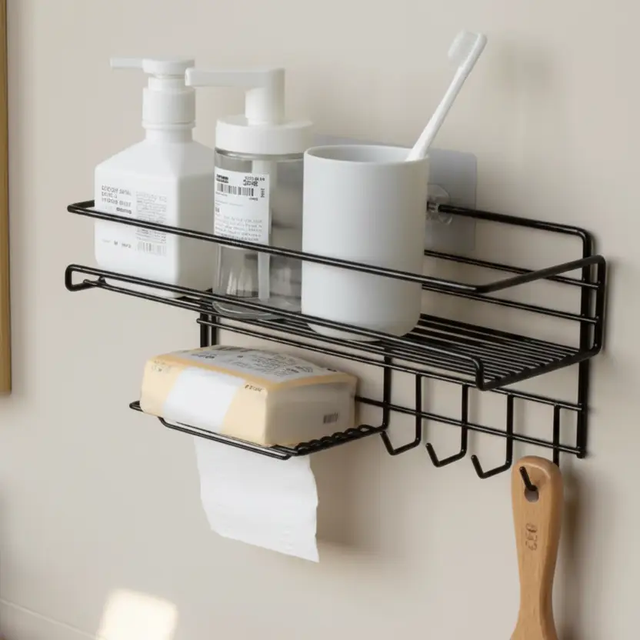 Bathroom Shelf - Wall-Mounted Wire Rack with Soap Dish Toilet Roll Holder Home & Garden Wall-Mounted Caddies