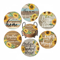 Drink Coasters - 6-Piece Sunflower Rustic Wooden Print with Metal Stand Kitchen & Dining Coasters