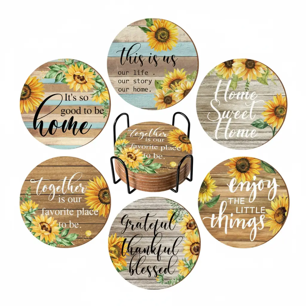 Drink Coasters - 6-Piece Sunflower Rustic Wooden Print with Metal Stand Kitchen & Dining Coasters
