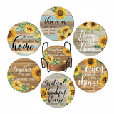 Drink Coasters - 6-Piece Sunflower Rustic Wooden Print with Metal Stand Kitchen & Dining Coasters