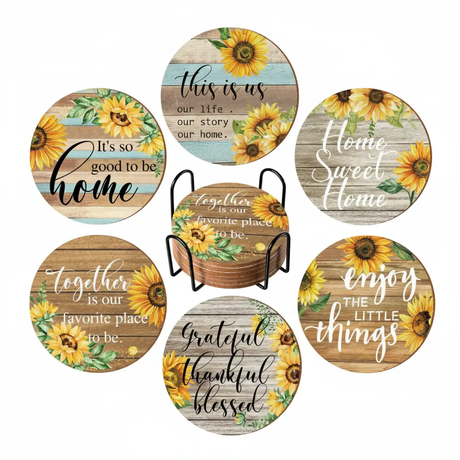 Drink Coasters - 6-Piece Sunflower Rustic Wooden Print with Metal Stand Kitchen & Dining Coasters