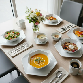 Dinner Set - 24pcs Hexagonal Geometric White Ceramic Serves 6 Kitchen & Dining Dinnerware Sets