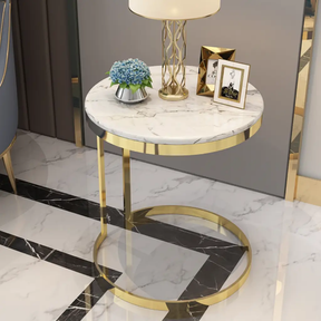 Side Table - Round Marble Top with Gold C-Frame and Circular Ring Base Furniture End Tables