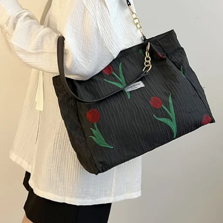 Casual Floral Canvas Tote Bag Tulip Print with Gold Chain Strap 38x14x27cm Bags & Accessories Shopper Bags
