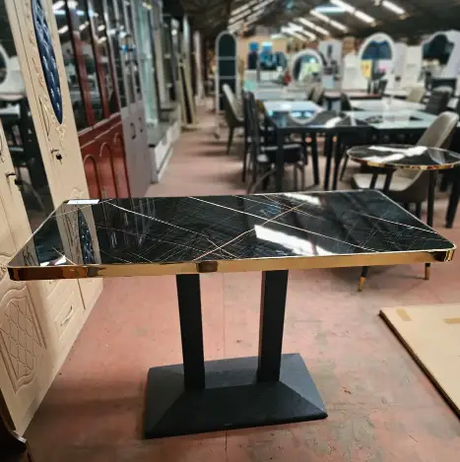 Dining Table - Black Marble Effect Top with Gold Edge Trim and Black Pedestal Base Furniture Kitchen & Dining Room Tables