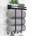 Wall Mounted Towel Rack 3-Slot Rolled Towel Holder Top Shelf 5 Hooks Matte Black Home & Garden Towel Racks