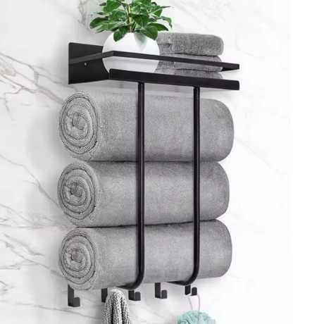 Wall Mounted Towel Rack 3-Slot Rolled Towel Holder Top Shelf 5 Hooks Matte Black Home & Garden Towel Racks