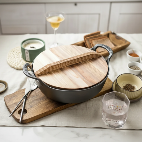 30cm Cast Iron Wok with Wooden Lid Pre-Seasoned Double Handle Kitchen & Dining Woks