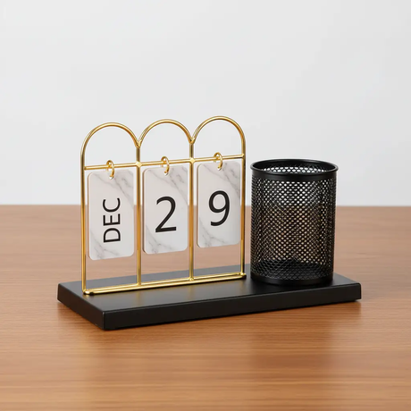 Desk Calendar - Luxe Flip Card with Gold Frame and Mesh Pen Holder Home & Garden Desk Calendars