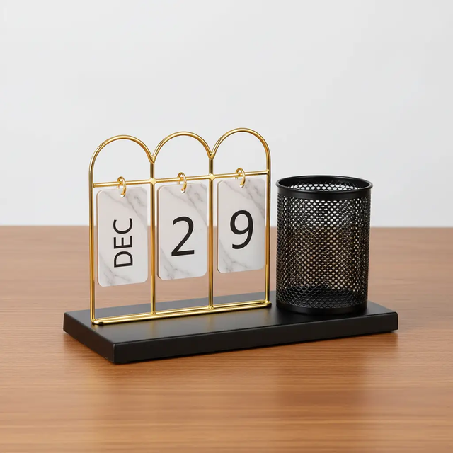 Desk Calendar - Luxe Flip Card with Gold Frame and Mesh Pen Holder Home & Garden Desk Calendars