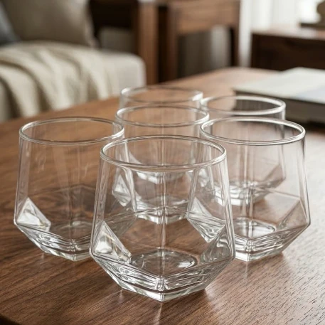 6-Piece Hexagonal Stemless Whisky Glass Set 300ml Crystal Clear Kitchen & Dining Drinkware Sets