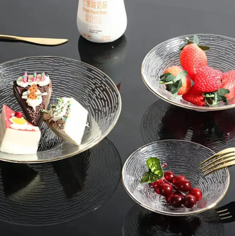 Glass Bowl Set - 3pcs Transparent Textured Gold Rim Fruit Salad Dessert Kitchen & Dining Bowls