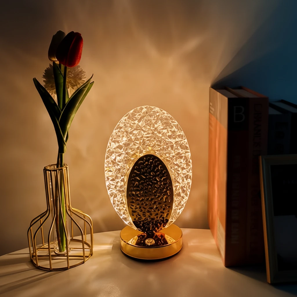 Crystal Oval LED Table Lamp 13.5x23cm Gold Base Touch Dimmer Warm White Starburst Glow Bedside Decor Home & Garden Table Lamps