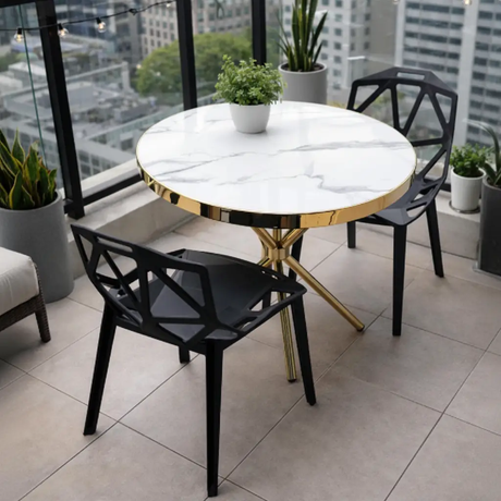 Dining Set - 3-Piece Marble Top Round Table with Gold Tripod Base and 2 Geometric Chairs Furniture Kitchen & Dining Furniture Sets