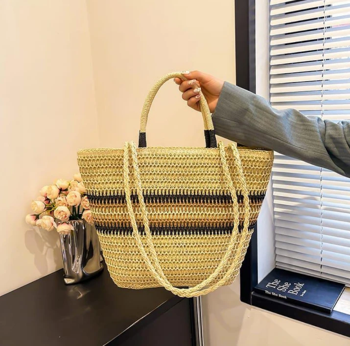 French Color Block Woven Tote Bag Striped with Zipper Closure Lined 43x9x16cm Bags & Accessories Beach Bags